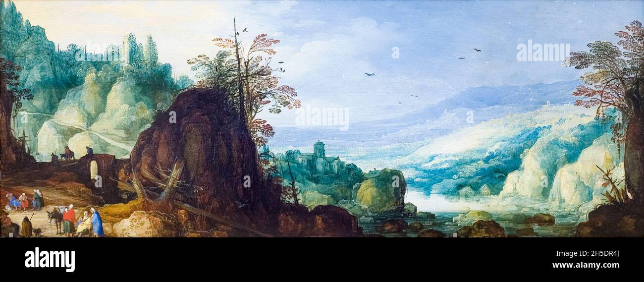 Paesaggio di montagna con un fiume, dipinto attribuito a Joos de Momper il giovane e Jan Brueghel il Vecchio, 1596-1625 Foto Stock