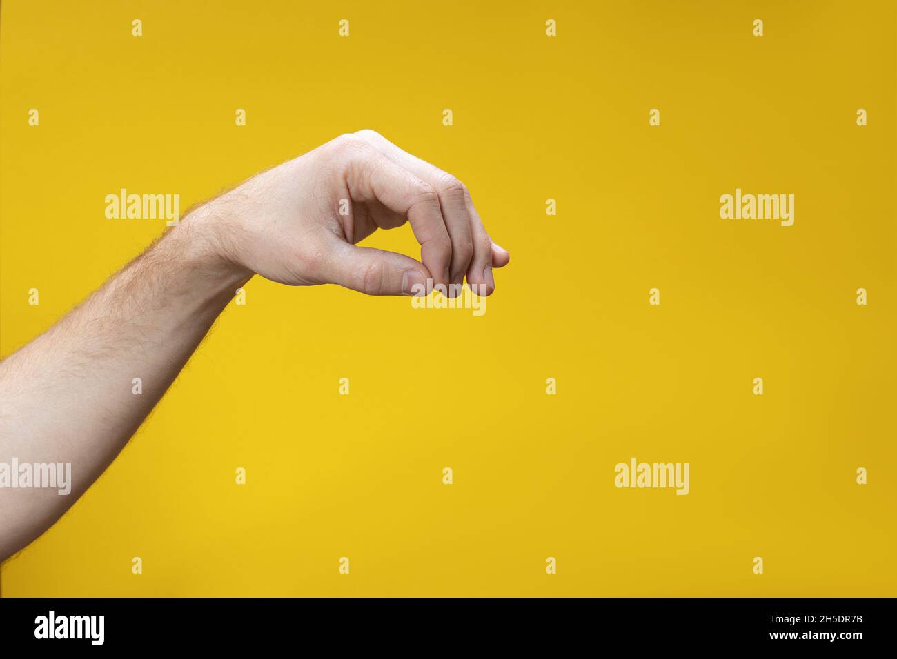 Primo piano del gesto della mano di prendere qualcosa. Mano maschio che tiene qualcosa invisibile isolato su sfondo giallo. Foto Stock