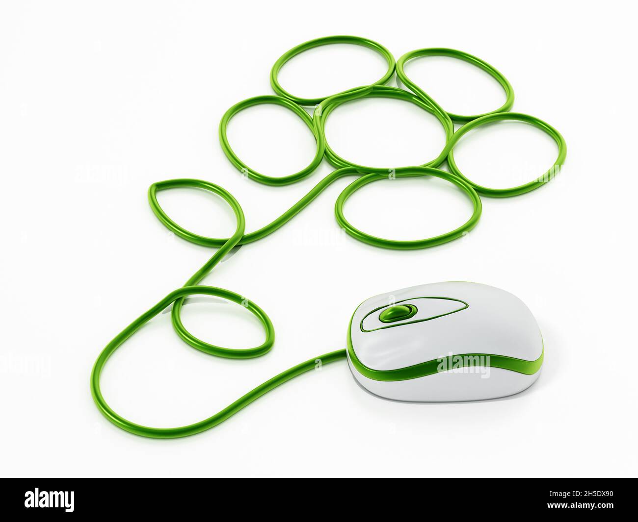 Mouse collegato al cavo che forma un fiore isolato su sfondo bianco. Illustrazione 3D. Foto Stock