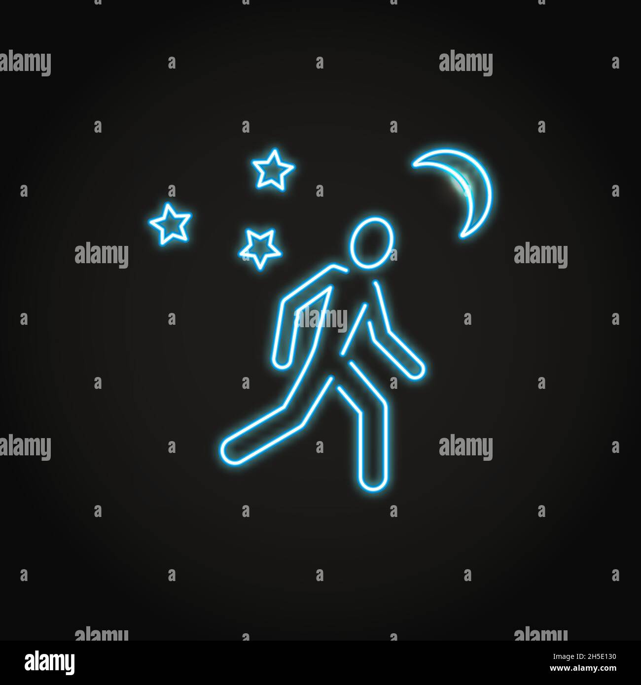 Neon ha ridotto la necessità di un'icona di sonno nello stile della linea. Uomo che corre di notte. Illustrazione vettoriale. Illustrazione Vettoriale