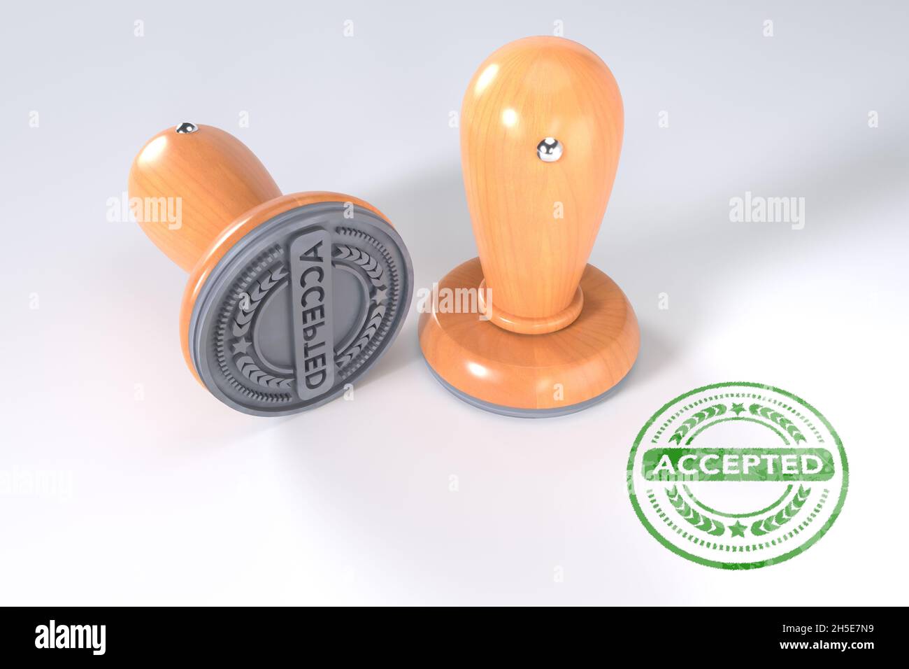 Timbro accettato. Stampatore rotondo in legno e timbro con testo certificato su sfondo bianco. illustrazione 3d. timbro in gomma. Foto Stock