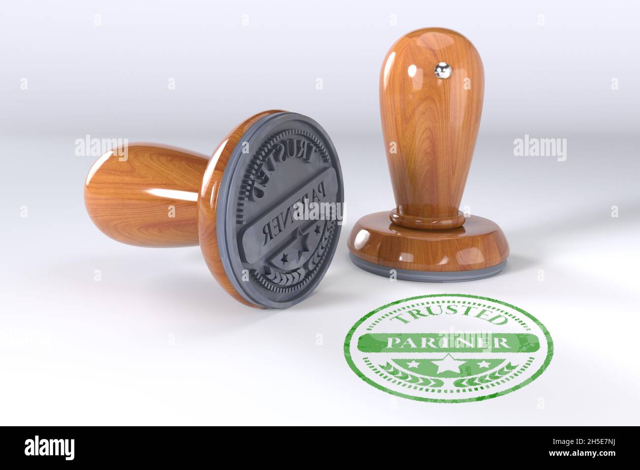 Timbro del partner. Stampatore rotondo in legno e timbro con testo certificato su sfondo bianco. illustrazione 3d. timbro in gomma. Foto Stock