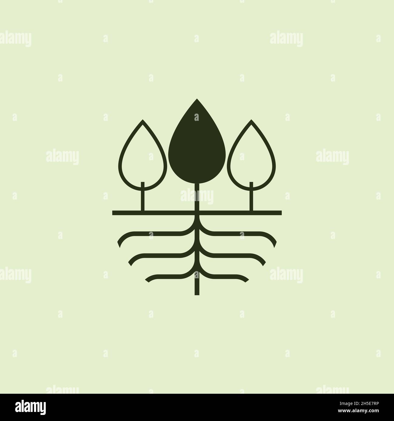 design vettoriale. logo creato da tre alberi con logo root. Illustrazione Vettoriale