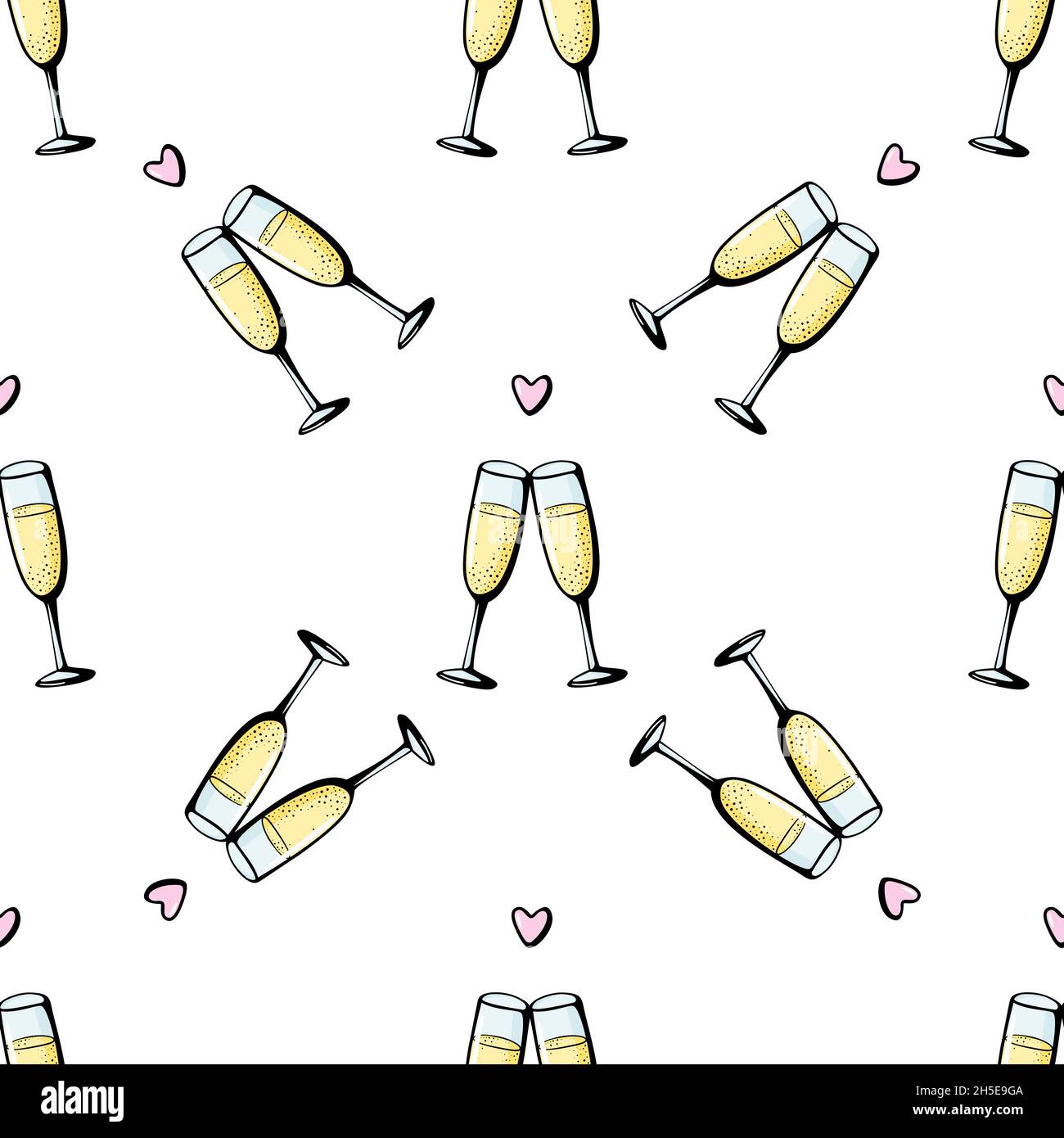 Bicchieri di champagne senza cuciture a forma di barbatella. Cheers illustrazione vettoriale su sfondo bianco. Biglietto di auguri per San Valentino, poster per la celebrazione dell'anniversario Illustrazione Vettoriale