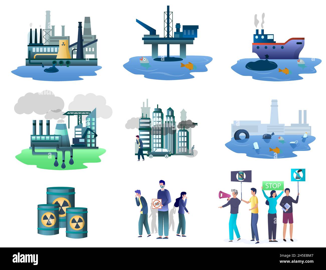 Set di fonti di inquinamento ecologico, illustrazione isolata vettoriale Illustrazione Vettoriale