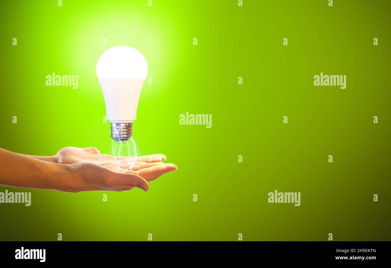 Lampada portatile. Il concetto di eco-energia, innovazione. Le mani delle donne tengono una lampadina a LED con elettricità su sfondo verde. Foto Stock