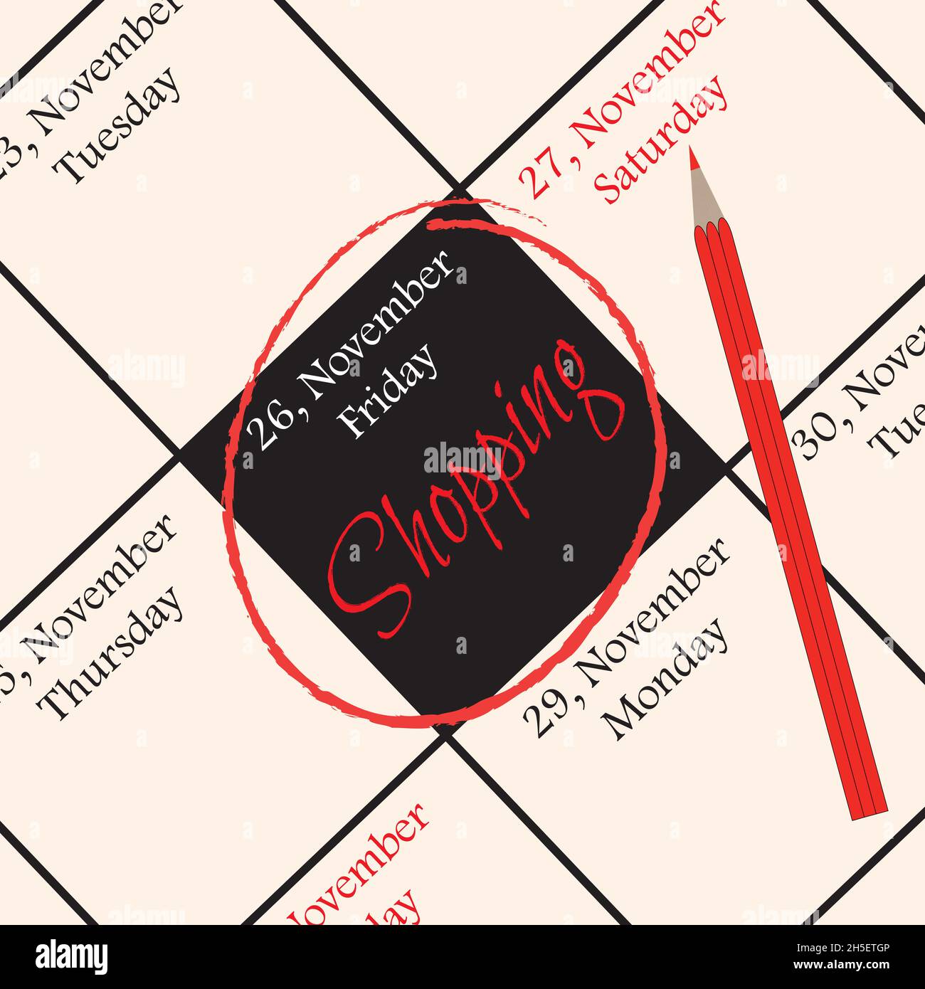 Testo dello shopping contrassegnato con rosso su sfondo bianco del calendario. Concetto di black friday. Illustrazione vettoriale Illustrazione Vettoriale