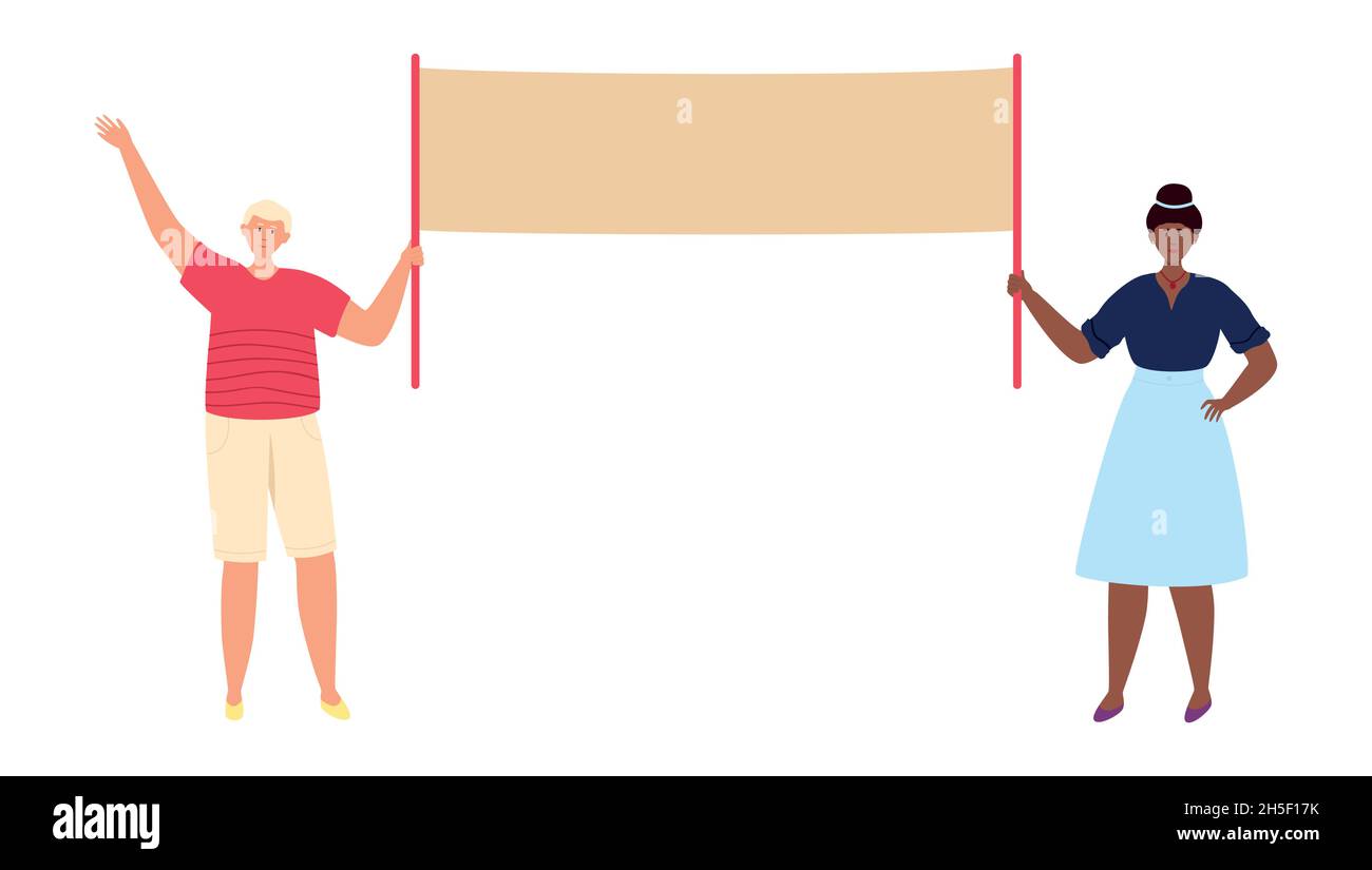 Uomo e donna che tengono banner per il testo speciale dell'evento Illustrazione Vettoriale