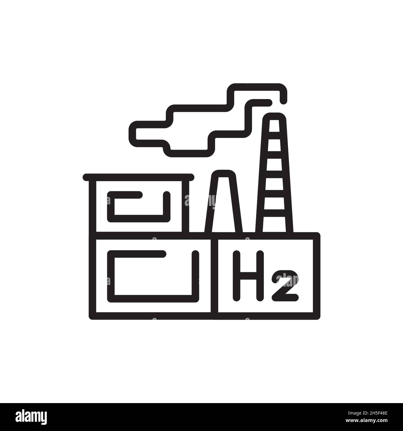Icona della linea di colore H2 prodotta in fabbrica. Energia di idrogeno. Elemento vettoriale isolato. Pittogramma a contorno per pagina web, app mobile, promo Illustrazione Vettoriale