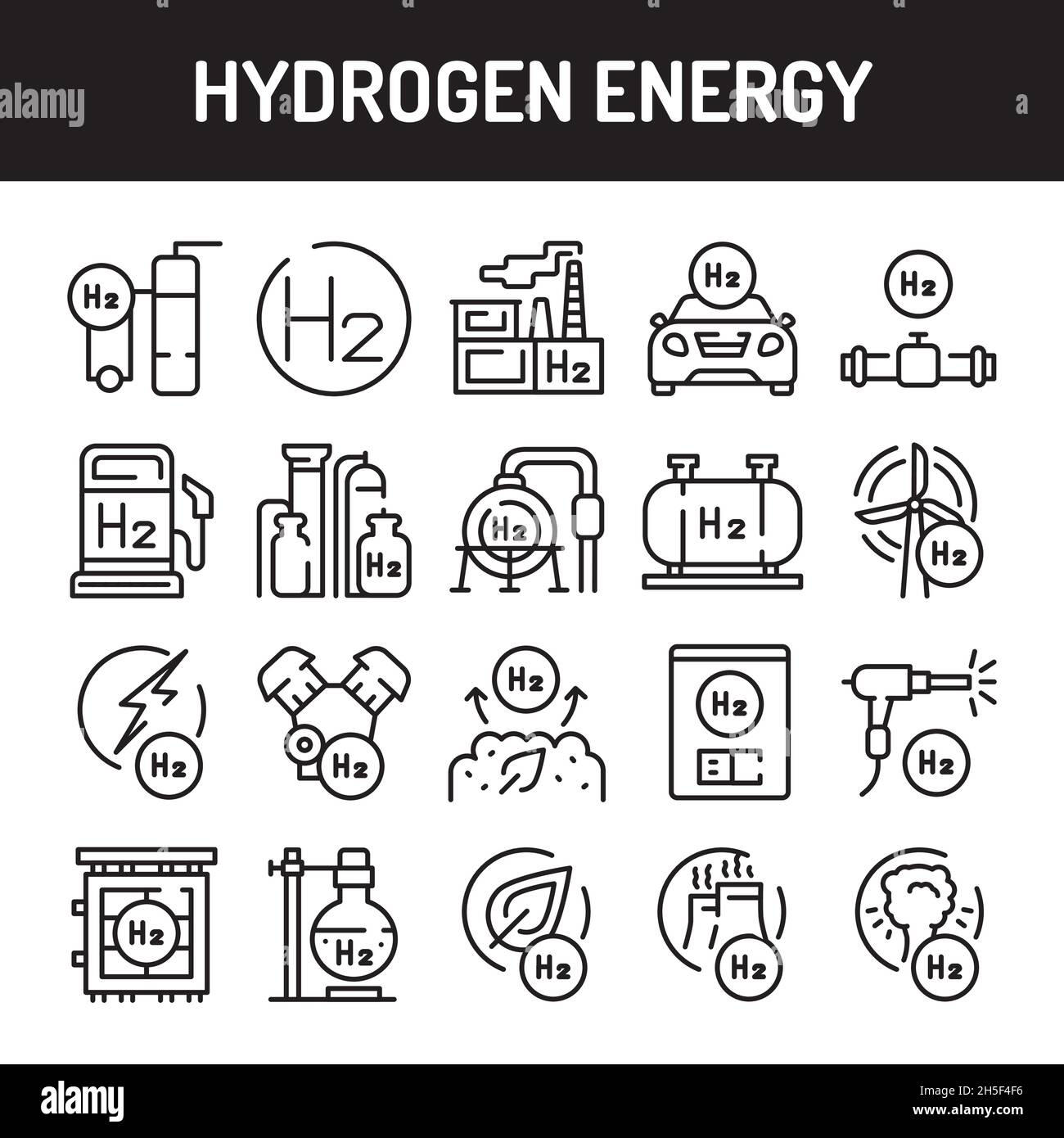 Icone della linea di energia idrogeno impostate. Elemento vettoriale isolato. Elemento vettoriale isolato. Illustrazione Vettoriale