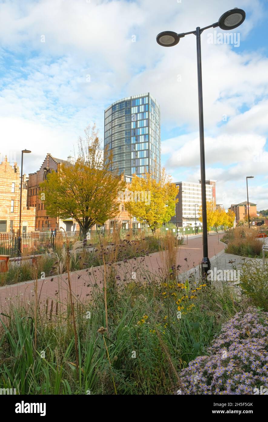 Un'area rigenerata del centro di Sheffield con aiuole in primo piano, lampade da strada contemporanee e appartamenti moderni dietro. Foto Stock Un'area rigenerata del centro di Sheffield con aiuole in primo piano, lampade da strada contemporanee e appartamenti moderni dietro. Foto Stock