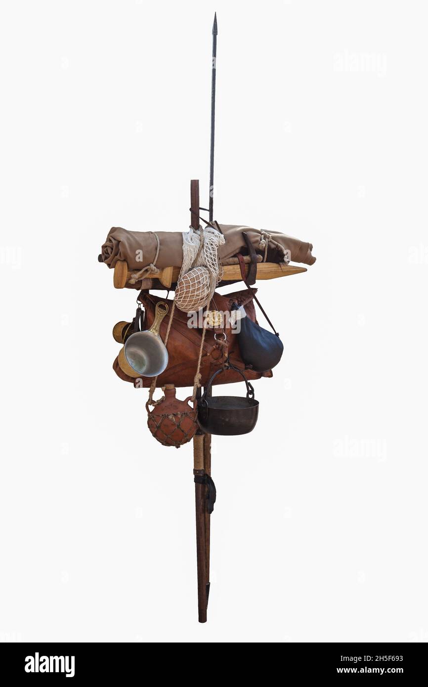 Pacchetto marciando soldato romano. Furca o palo da marciaura per il trasporto di forniture e attrezzature Foto Stock