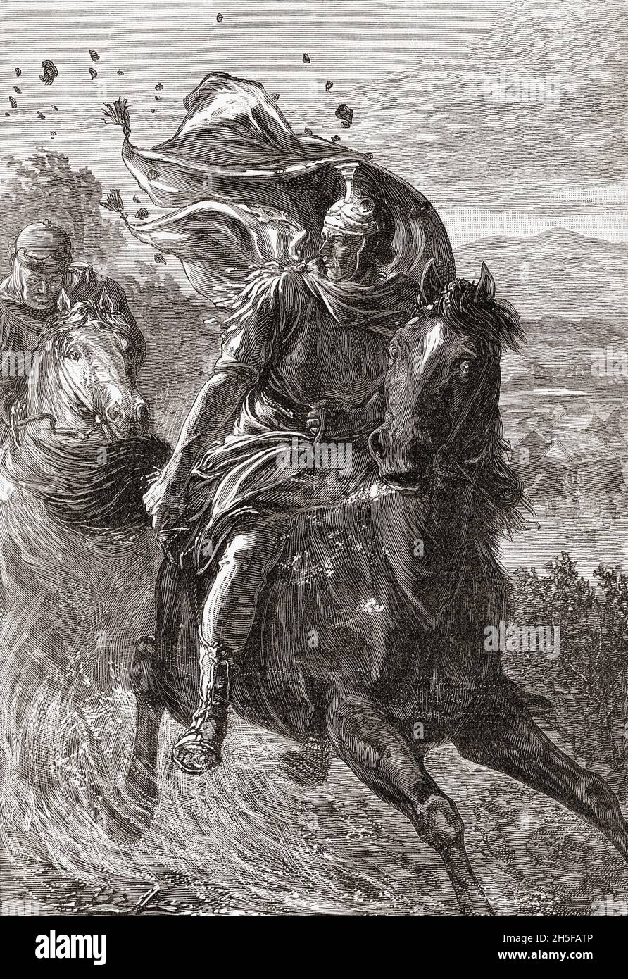 La fuga di Pompeo dalla battaglia di Farsalus, 48BC. Gnaeus Pompeo Magnus, 106 a.C. – 48 a.C., alias Pompeo o Pompeo il Grande. Leader generale e statista romano. Dalla storia universale illustrata di Cassell, pubblicata nel 1883. Foto Stock