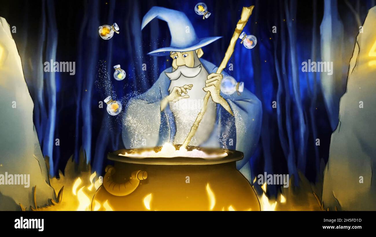 Carino fumetto wizard preparare una pozione in un calderone e aggiungere alcuni ingredienti dalle piccole bottiglie. Bella animazione colorata Foto Stock