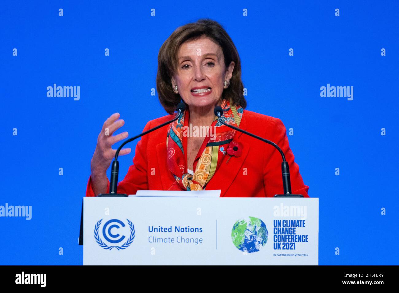 Glasgow, Scozia, Regno Unito. 9 novembre 2021. Giorno dieci del vertice COP26 sul clima. Nancy Pelosi, Presidente della Camera dei rappresentanti degli Stati Uniti, parla alla conferenza stampa. Iain Masterton/Alamy Live News. Foto Stock