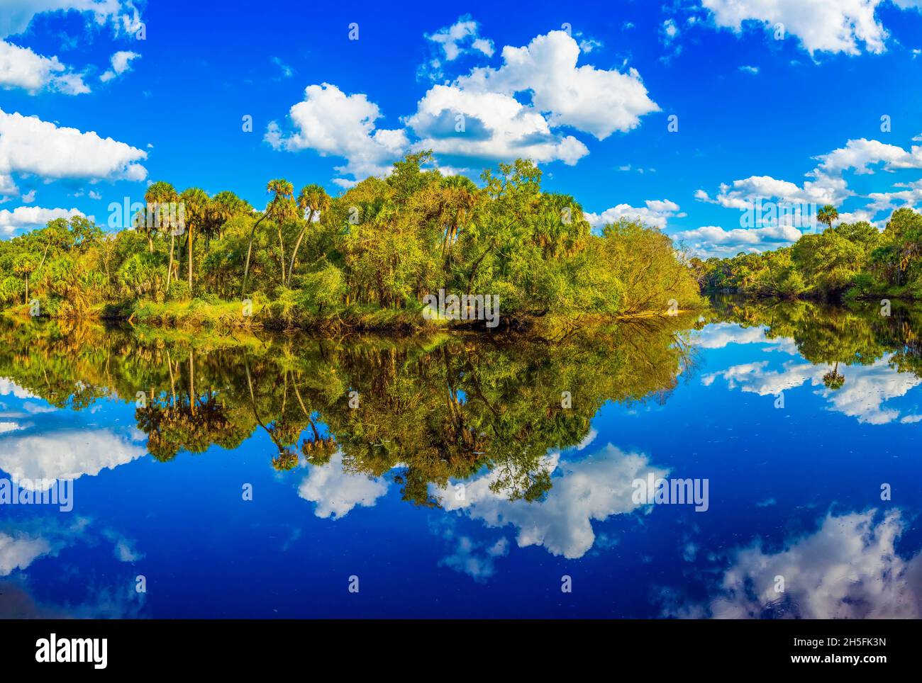 Le nuvole si riflettono nel tranquillo fiume Myakka blu nella riserva delle tartarughe addormentate a Venezia Florida USA Foto Stock