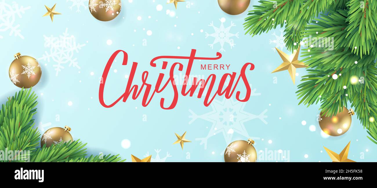 Allegra carta di testo scritta a mano di Natale. Ramo di pino realistico con stelle d'oro, palle su sfondo di legno nero. Illustrazione Vettoriale