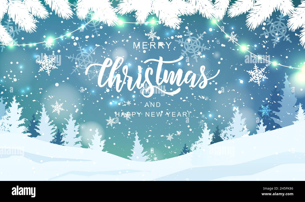 Allegra scritta a mano di Natale su sfondo sfocato con fiocchi di neve, alberi, ghirlande, neve in caduta. Vacanze paesaggio invernale. Illustrazione Vettoriale
