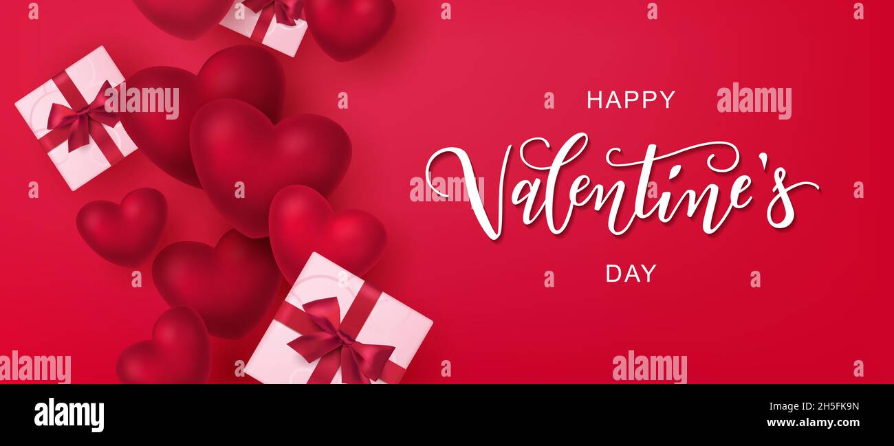 Testo del giorno di San Valentino felice, poster tipografico scritta a mano su sfondo rosso gradiente. Illustrazione vettoriale. Illustrazione Vettoriale