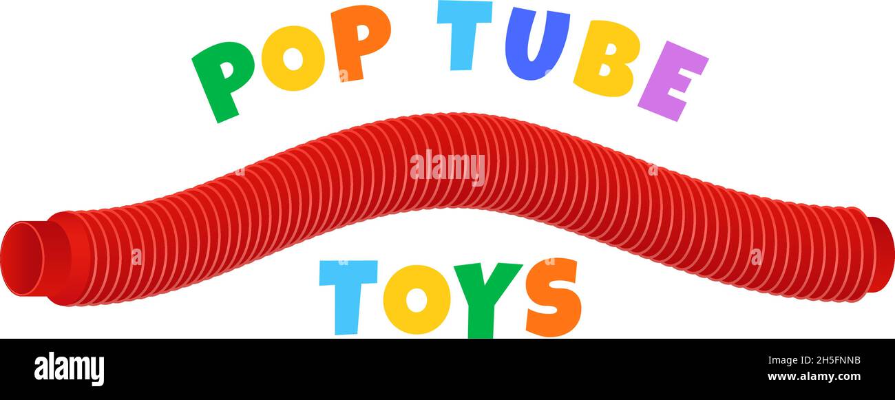 Giocattolo sensoriale per bambini da etichetta vettoriale tubo corrugato o modello di cartello. Disegno del giocattolo dei bambini del tubo di Pop di Anti-stress del filo flessibile di plastica colorato Illustrazione Vettoriale