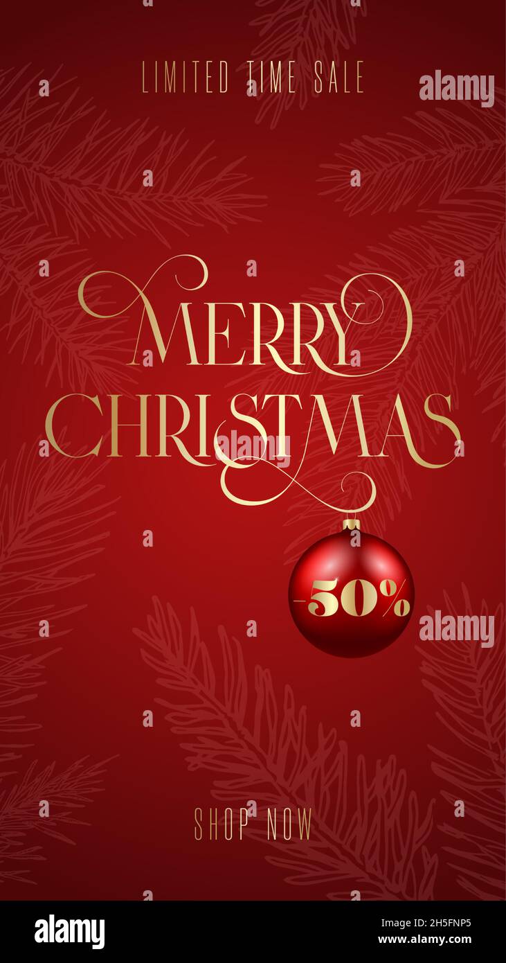 Auguri di Natale Social Media Poster o Post Card Layout con a mano tirato Spruce Pine rami sfondo e moderno Swoosed Typography Gold Illustrazione Vettoriale