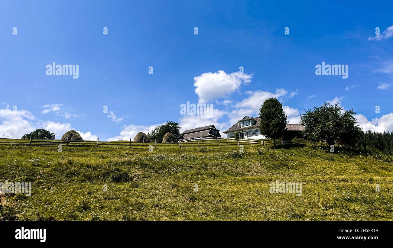 Vista panoramica dell'idilliaco paesaggio di montagna Carpazi con casa autentica. Casa di montagna tradizionale su campo verde Foto Stock