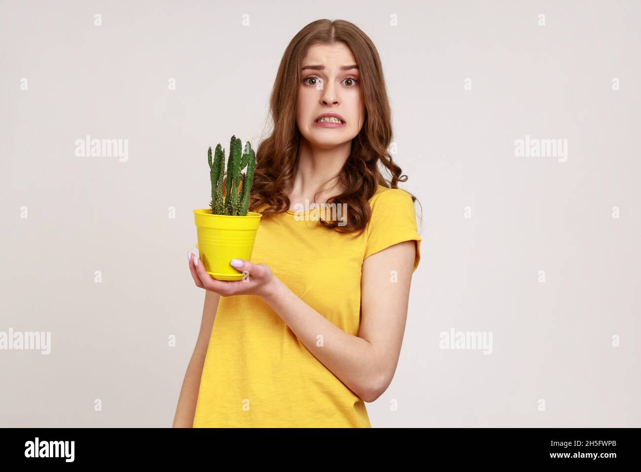 Ritratto di attraente giovane donna indossando giallo casual T-shirt che tiene il cactus ingannevole in vaso di fiori in mani e volto accigliato, guardando la macchina fotografica. Studio interno girato isolato su sfondo grigio. Foto Stock
