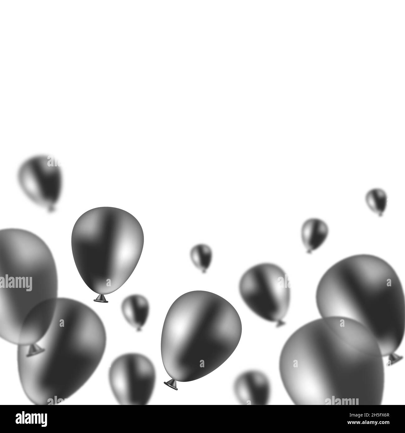 Sfumatura nera palloncini sfocati dimensioni diverse su sfondo bianco nella parte inferiore con spazio di copia. Vendite del black friday e concetto di poster sociale Foto Stock