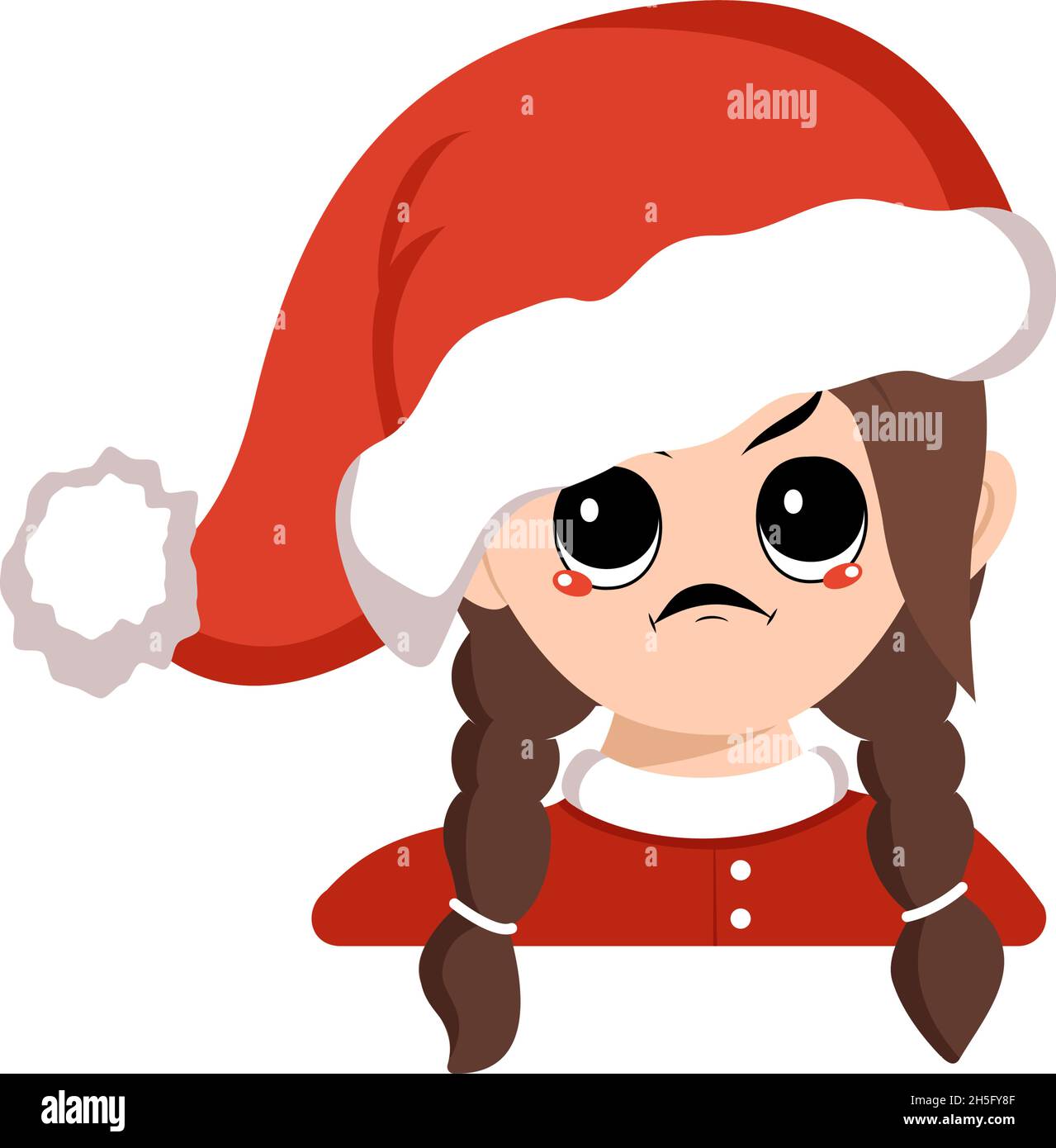 Ragazza con occhi grandi ed emozioni arrabbiate, faccia grumpy, occhi furious in cappello rosso di Santa. Carino bambino con espressione furiosa in costume da carnevale per le vacanze, Capodanno e Natale. Testa di adorabile capretto Illustrazione Vettoriale