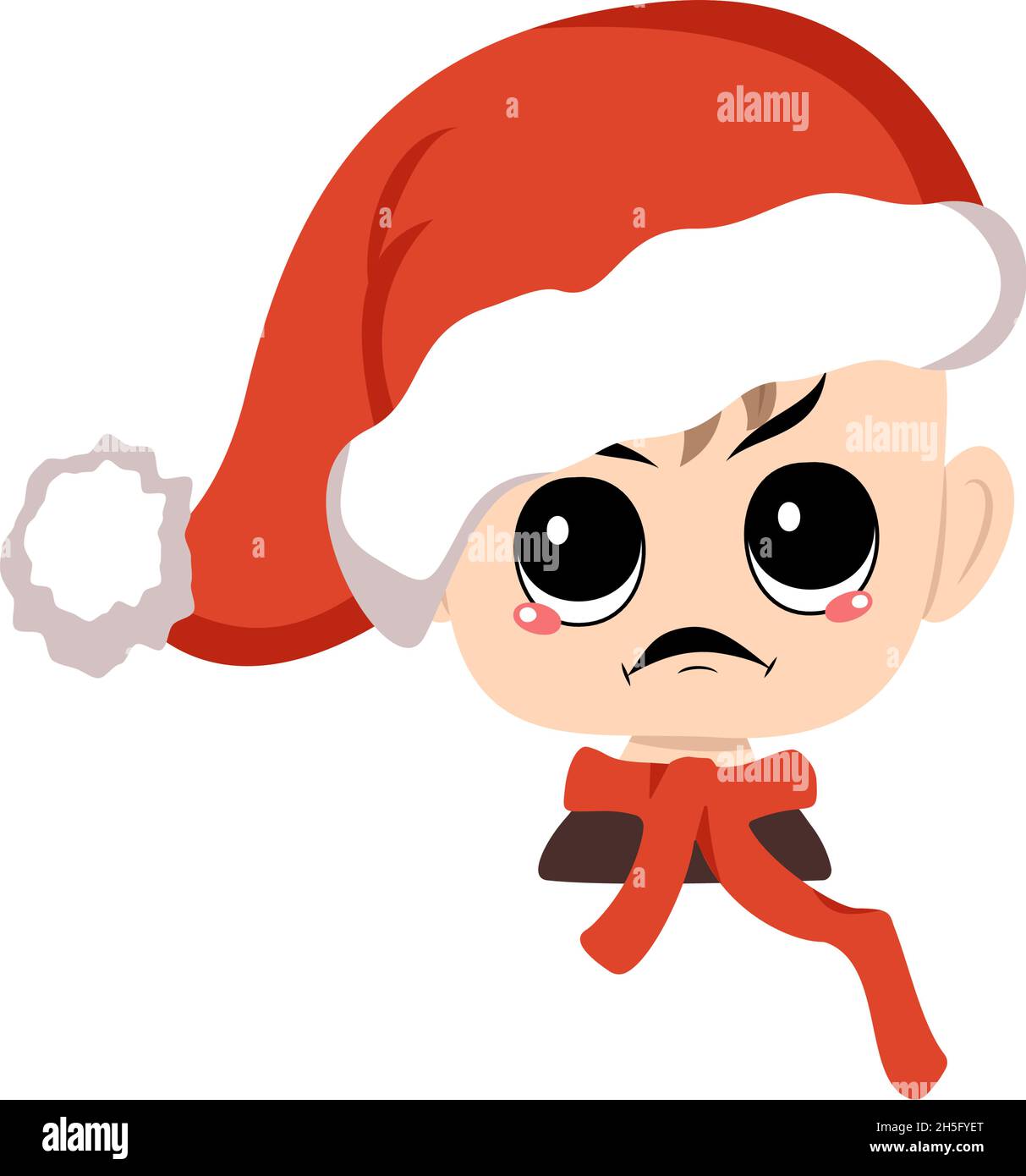 Ragazzo con emozioni arrabbiate, viso grumpy, occhi furiosi in rosso Santa Hat. Carino capretto con espressione furiosa in costume da carnevale per Capodanno, Natale e vacanza. Capo di bambino adorabile Illustrazione Vettoriale