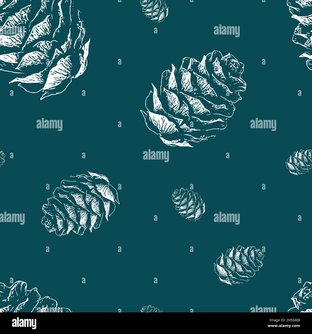 Disegno senza giunture di coni di pino bianco illustrazione di diverse misure su sfondo blu. Vacanze invernali e concetto autunnale per cartoline e carta regalo Foto Stock