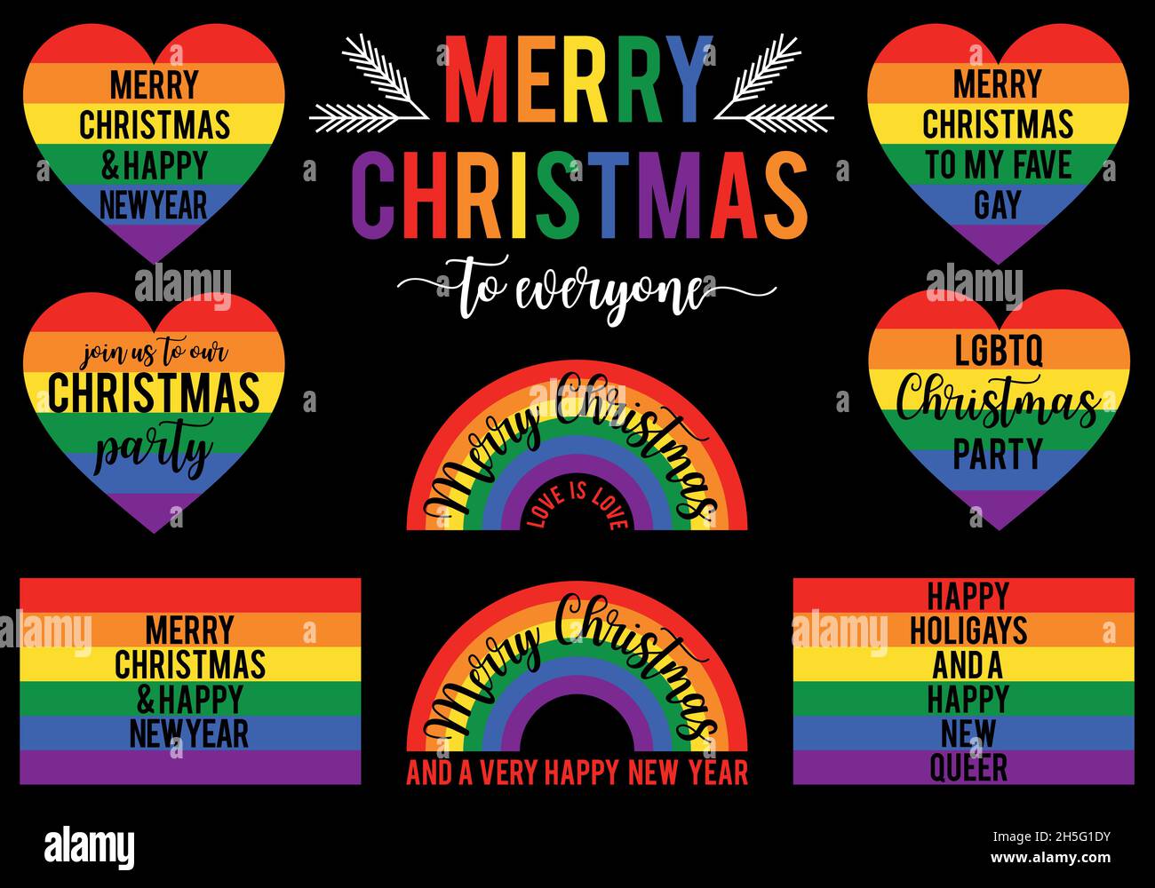 Carte di Natale Rainbow, orgoglio LGBT, gay, LGBTQ, bandiera, simboli cardiaci, elementi grafici vettoriali Illustrazione Vettoriale