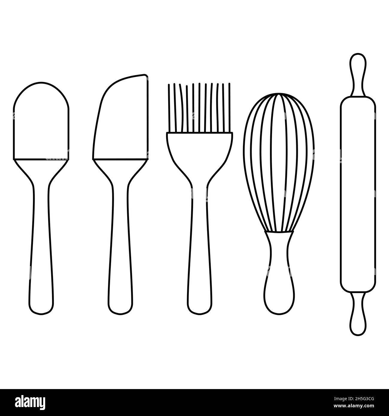 Utensili da cucina Set di utensili da cucina per cottura, spatola e spazzola in silicone, frusta e spilla per il contorno semplice e minimalista disegno piano vettoriale Illustrazione Vettoriale