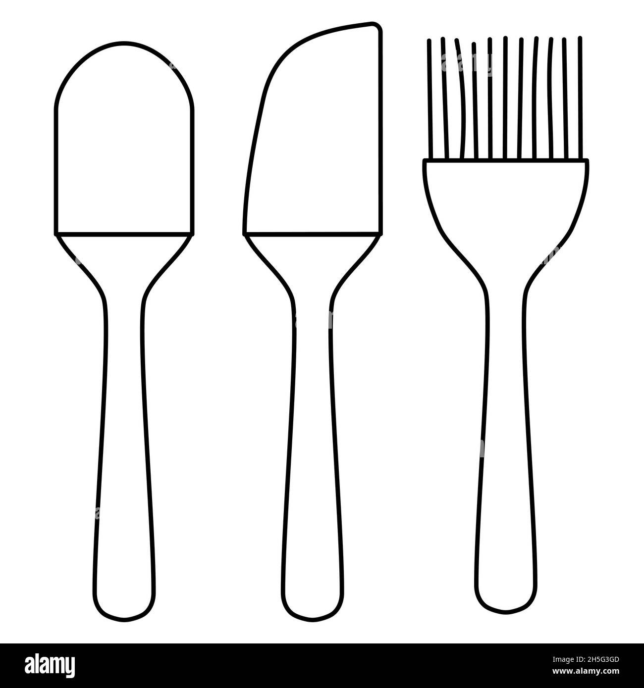 Utensili da cucina posate set di due spatole in silicone e pennello contorno semplice minimalista disegno piano vettoriale isolato su sfondo bianco Illustrazione Vettoriale