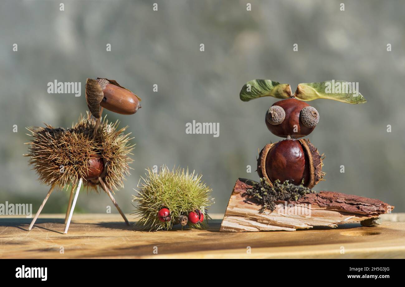 Pecora, riccio e gufo, lustige figure animali fatte da castagne e ghiande di quercia in autunno, Svizzera Foto Stock