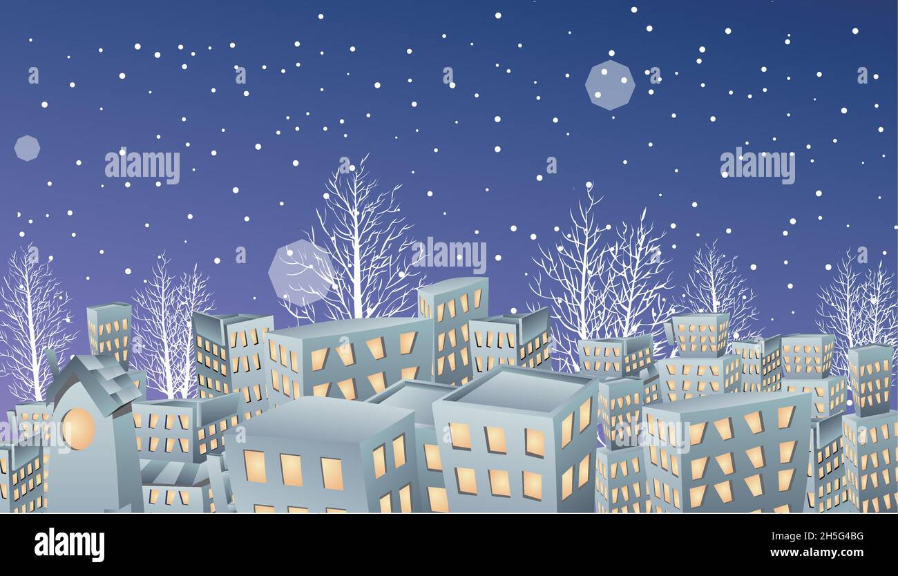 Inverno notte paesaggio illustrazione di una città nevosa Illustrazione Vettoriale