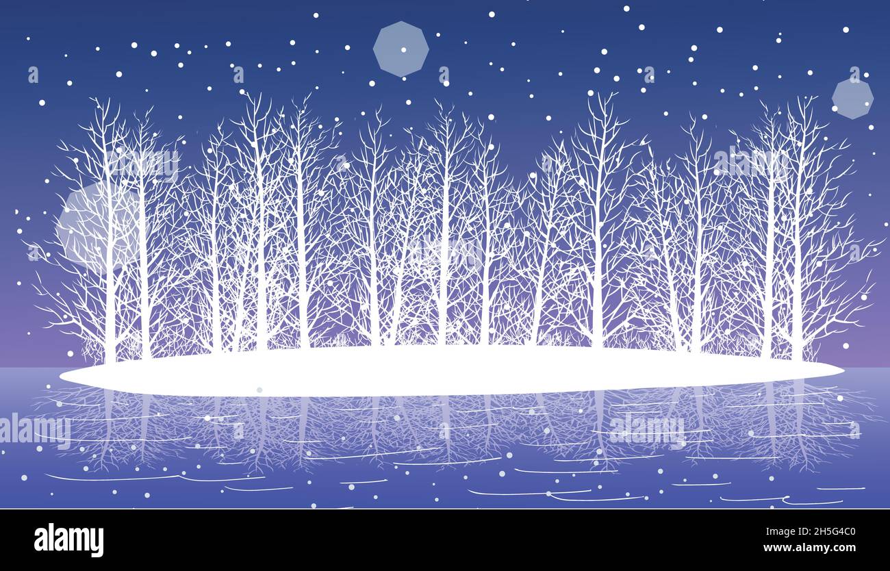 Illustrazione di un paesaggio invernale notturno, una piccola isola sul mare e fiocchi di neve che cadono su un albero Illustrazione Vettoriale