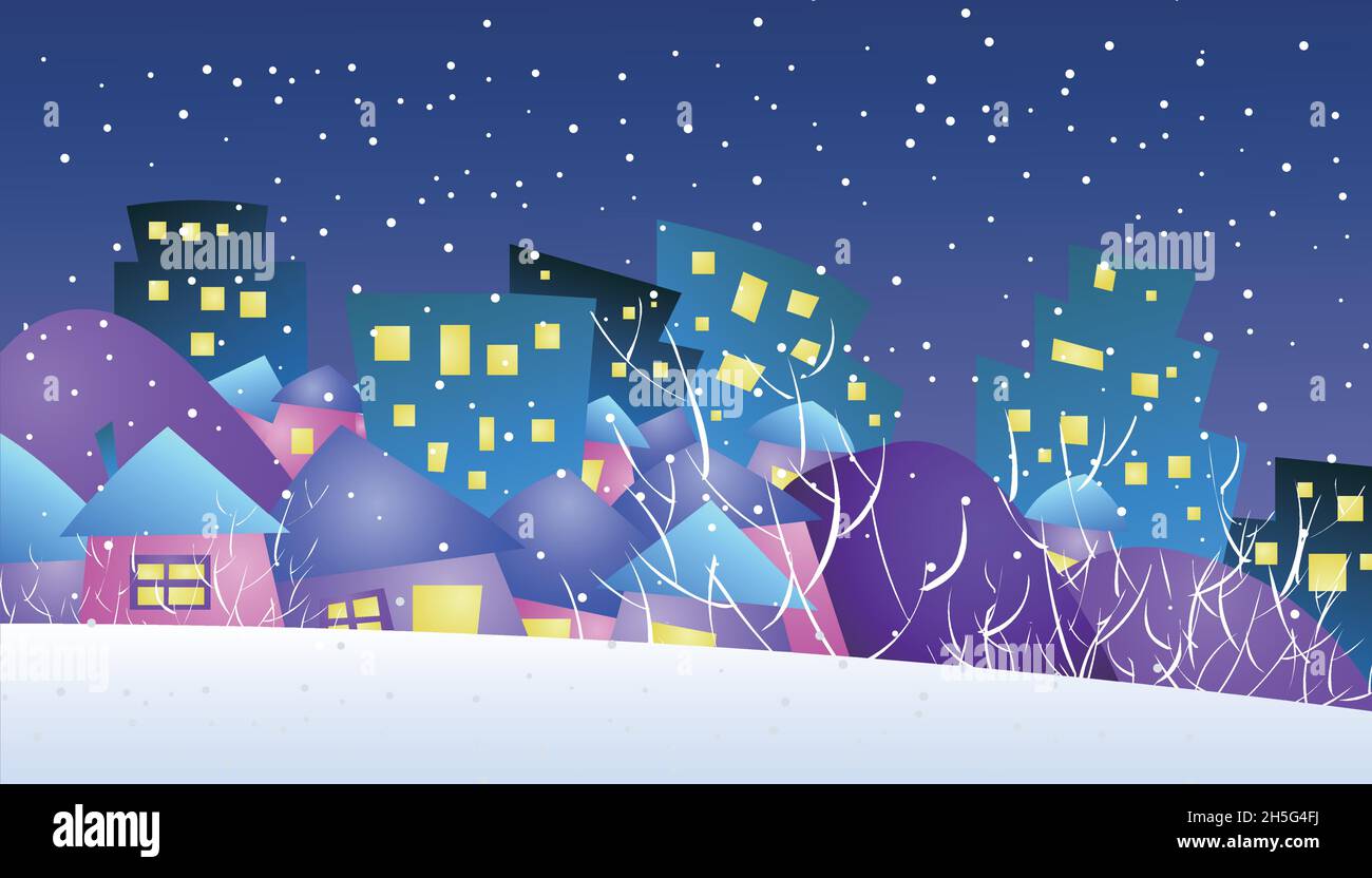 Illustrazione di un paesaggio innevato in una notte d'inverno in un villaggio colorato Illustrazione Vettoriale