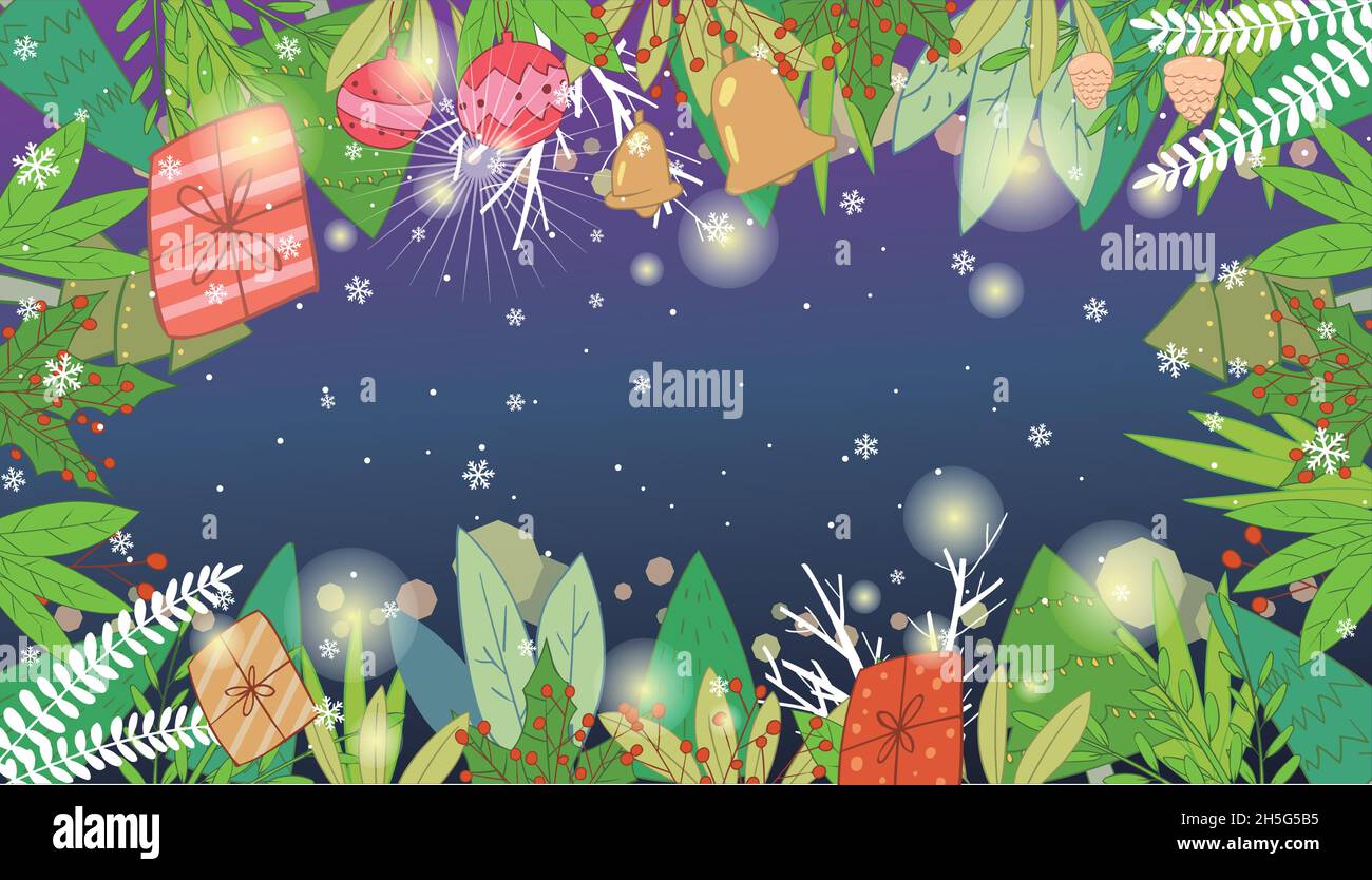 Sfondo blu di Natale con foglie, scatole regalo e accessori Illustrazione Vettoriale