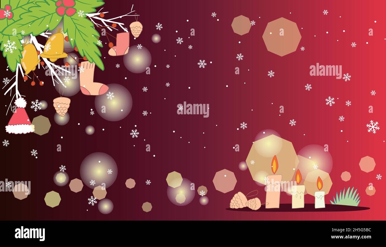 Accessori e candele di Natale su sfondo rosso Illustrazione Vettoriale