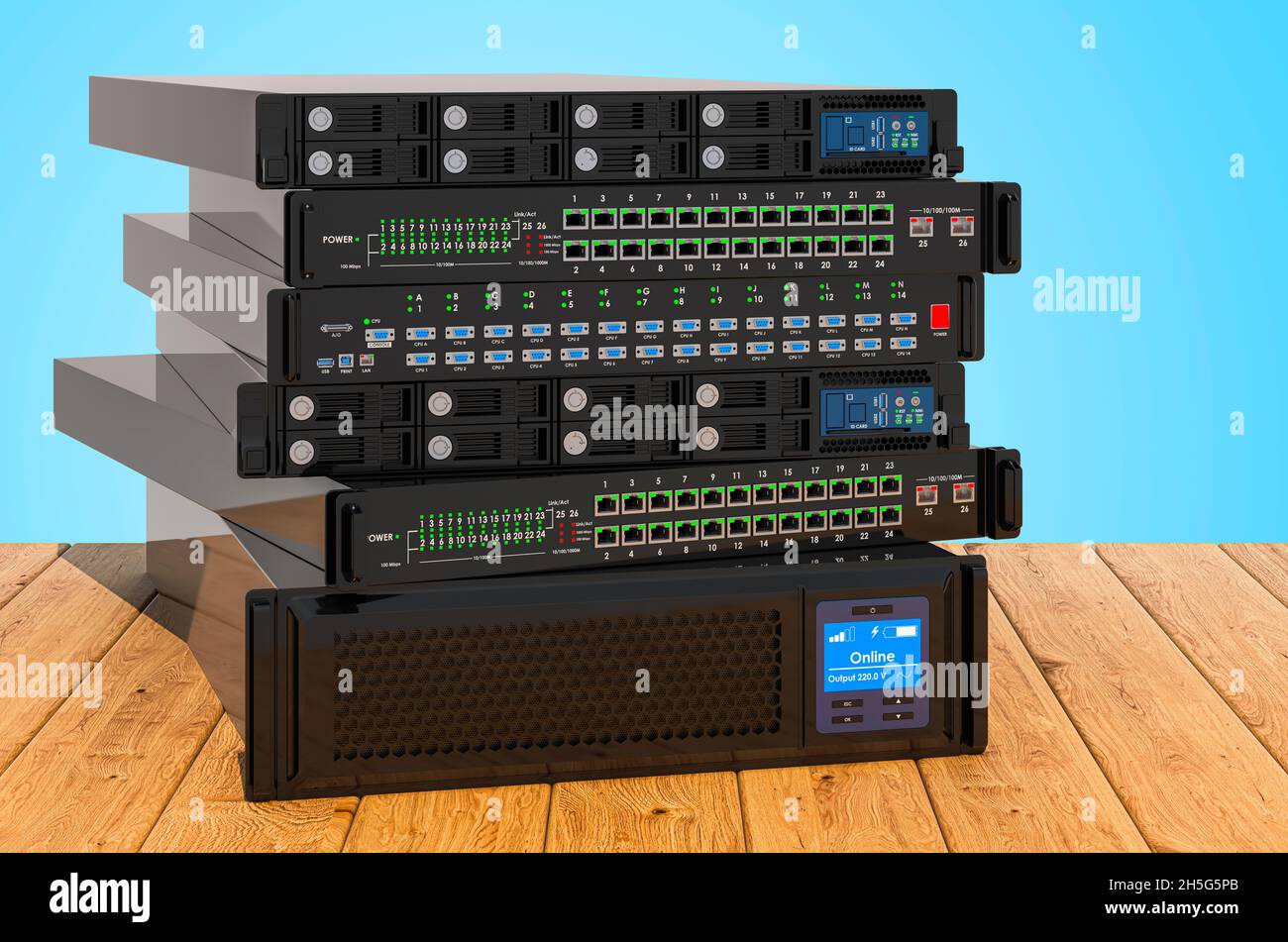 Apparecchiature server su tavole di legno, rendering 3D Foto Stock
