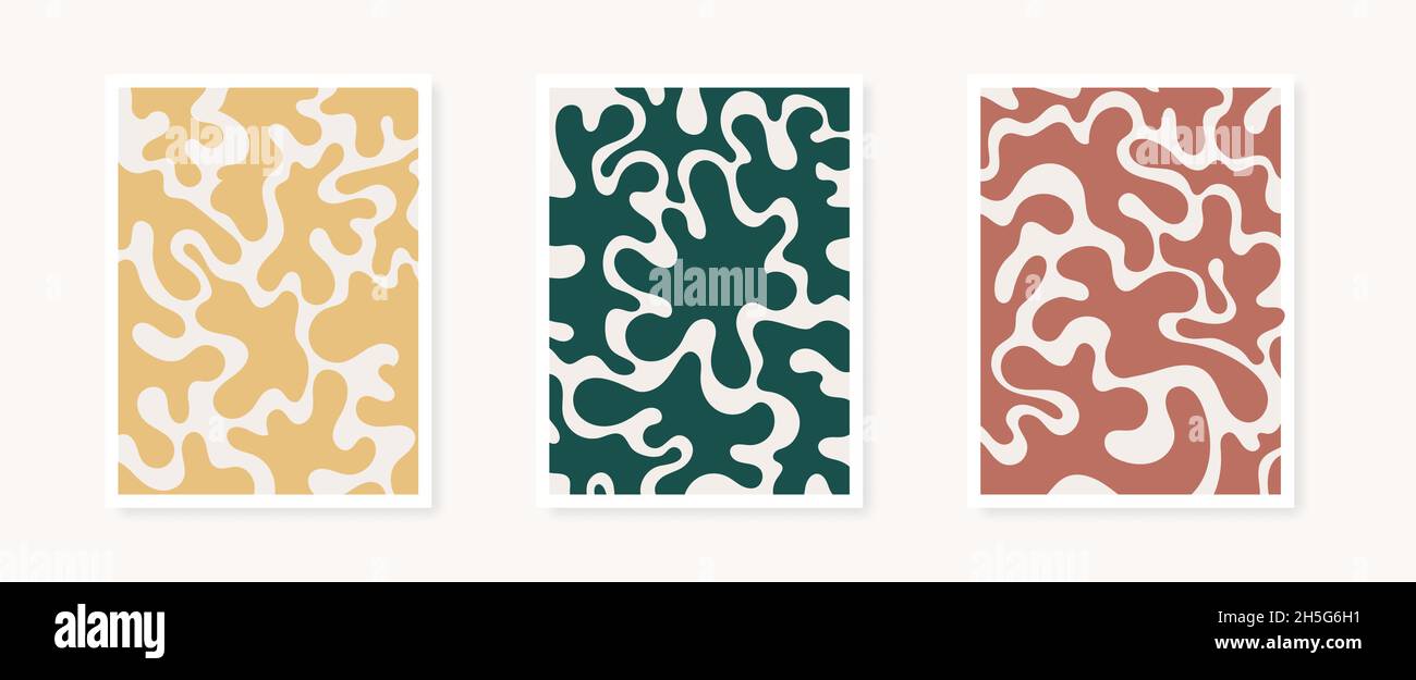 Collezione di poster astratti di forme organiche. Ispirazione di stile Matisse. Decorazioni minimaliste a parete, stampe o cartoline. Illustrazione vettoriale, design piatto Illustrazione Vettoriale
