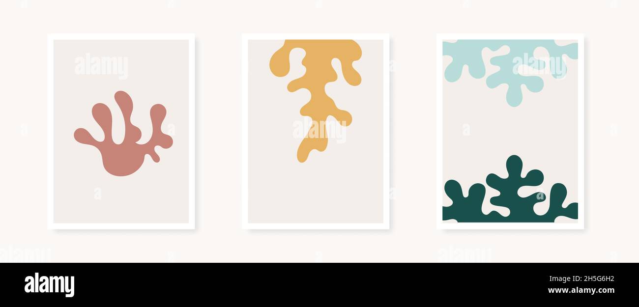Collezione di poster astratti di forme organiche. Ispirazione di stile Matisse. Decorazioni minimaliste a parete, stampe o cartoline. Illustrazione vettoriale, design piatto Illustrazione Vettoriale