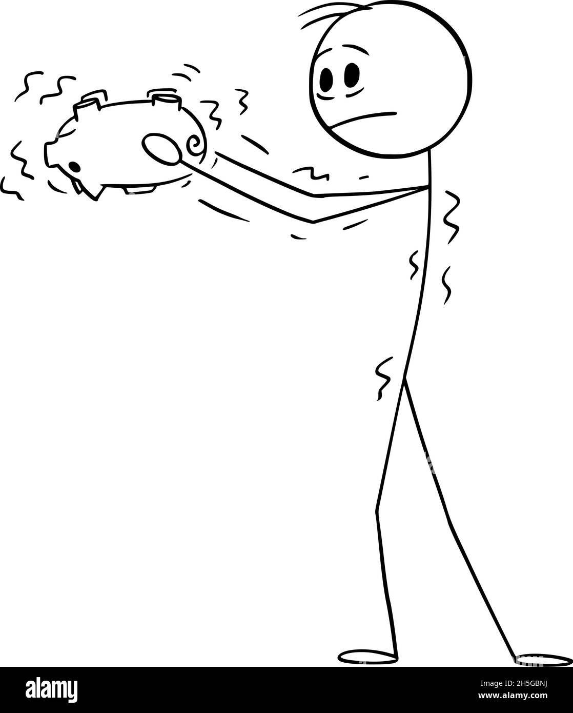 Persona che agita Piggy Bank vuoto, senza soldi, Vector Cartoon Stick Illustrazione Illustrazione Vettoriale