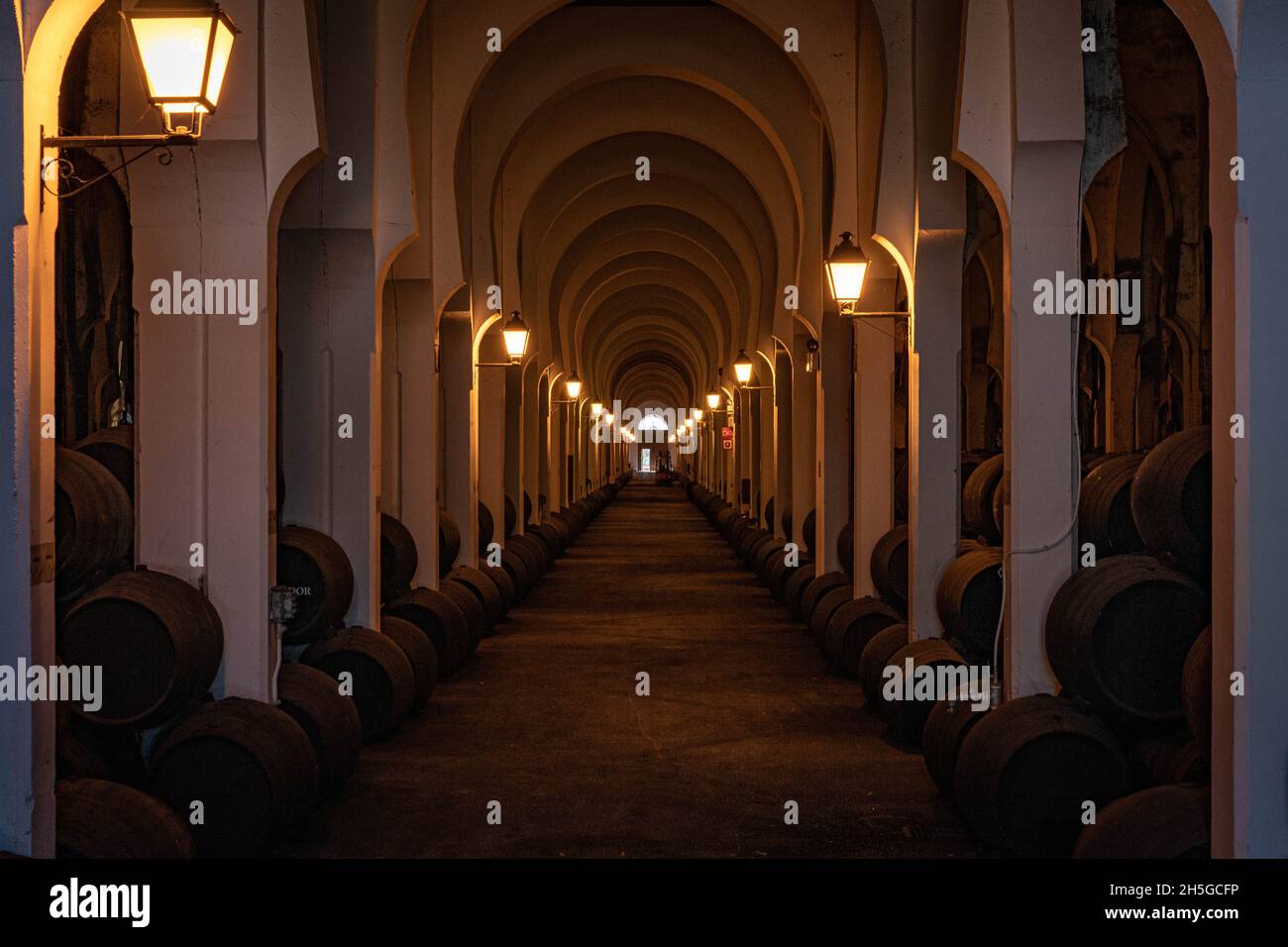 Bodega la Mezquita, a Jerez de la Frontera, Cadice, Spagna. Vecchia cantina per conservare botti di vino sherry (Jerez). Foto Stock
