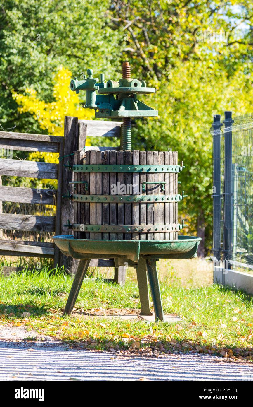 Vecchio spremiatore di vino di fronte a una casa in strada, Koronazo-domb, Sopron, Ungheria Foto Stock