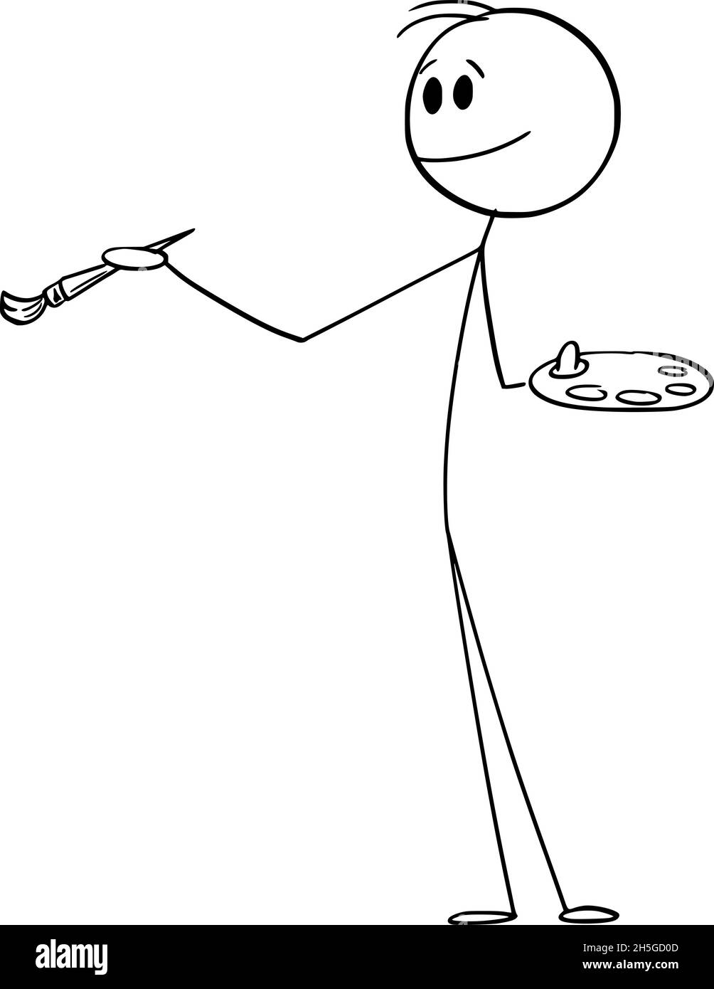 Painter Holding Brush and palette and panting Something, Vector Cartoon Stick Illustration Illustrazione Vettoriale