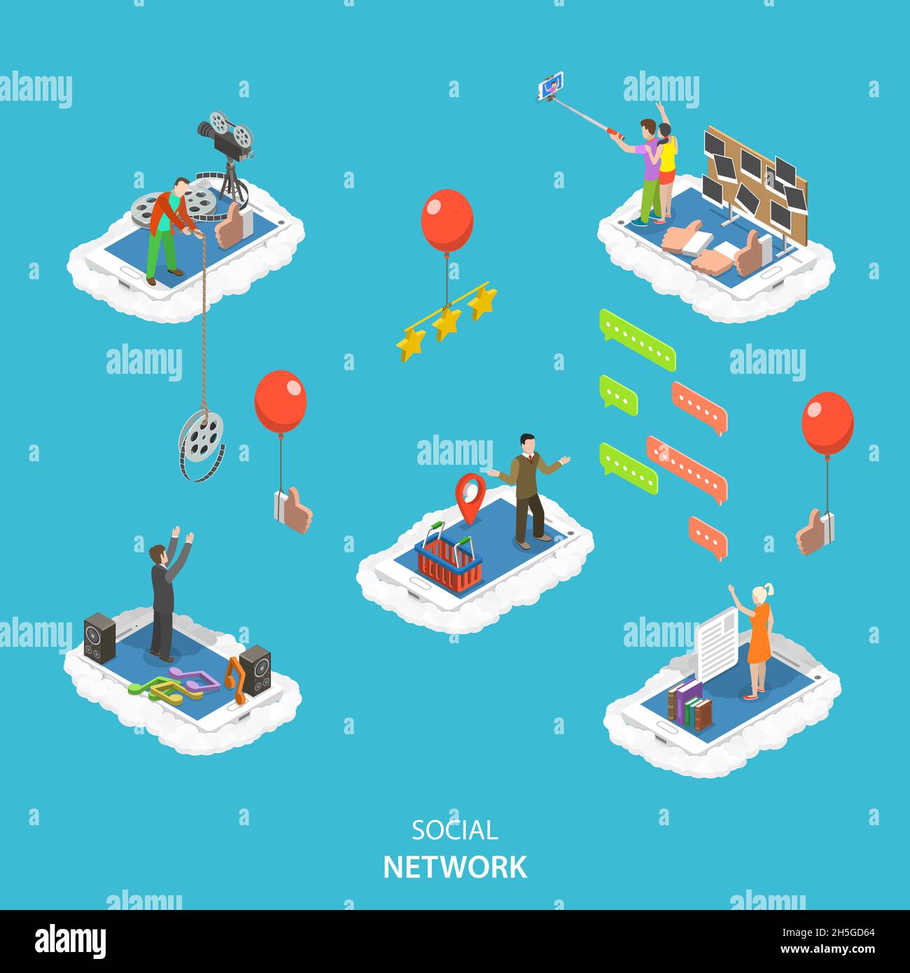 Social network isometrico flat vettoriale. Illustrazione Vettoriale
