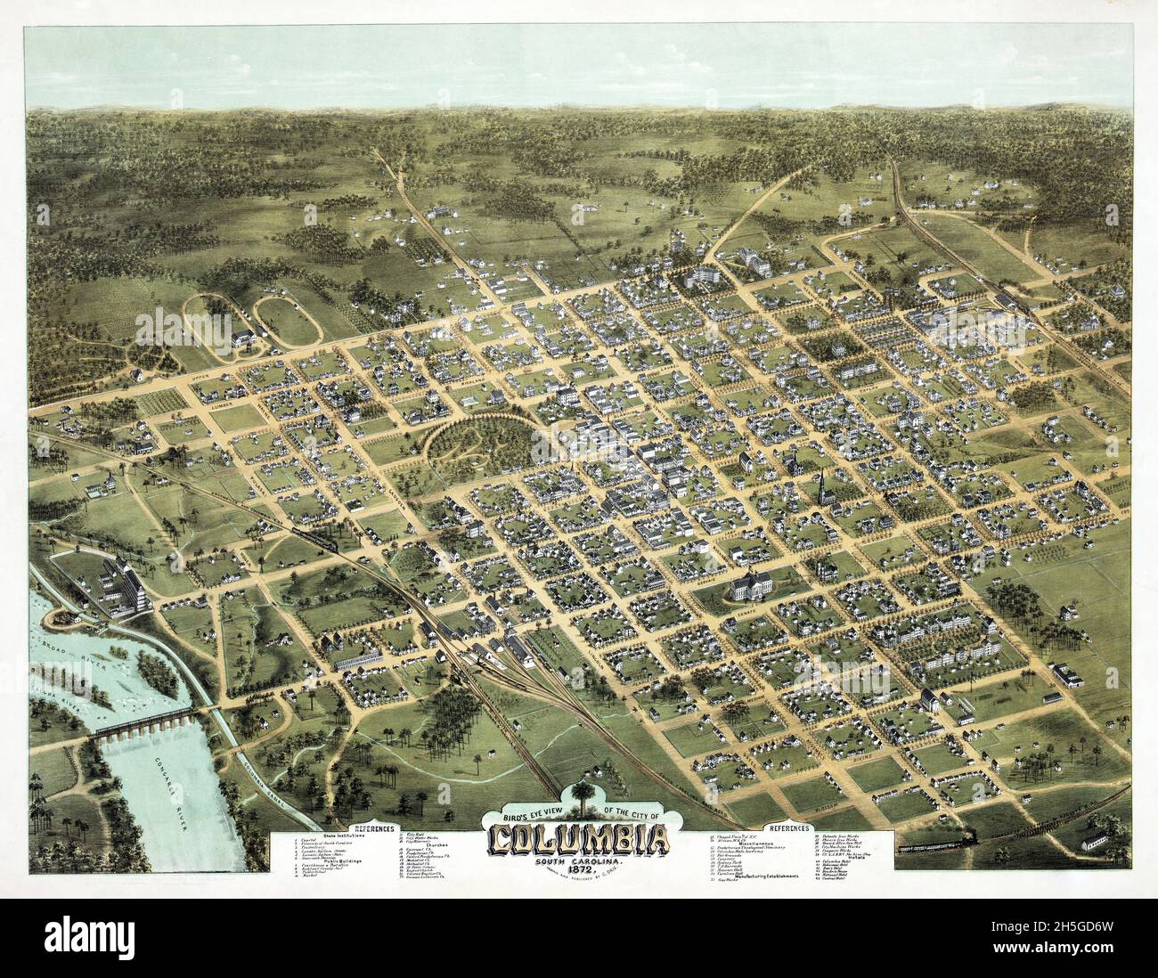 Vista panoramica della città di Columbia, South Carolina. Disegnato e pubblicato da C. Drie, c 1872. Potenziata digitalmente. Foto Stock