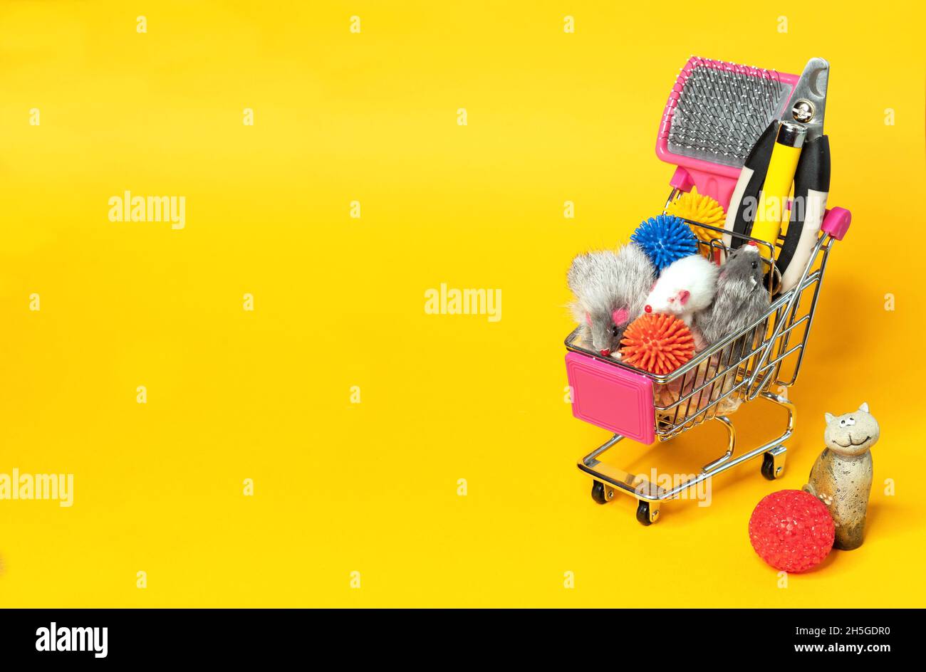 Carrello con accessori e giocattoli per gatti. Concetto di shopping per animali domestici. Foto Stock